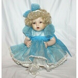 1998 Ashton Drake?? Porcelain Doll Baby Girl Blonde 16"  Curly Hair Blue Dress
